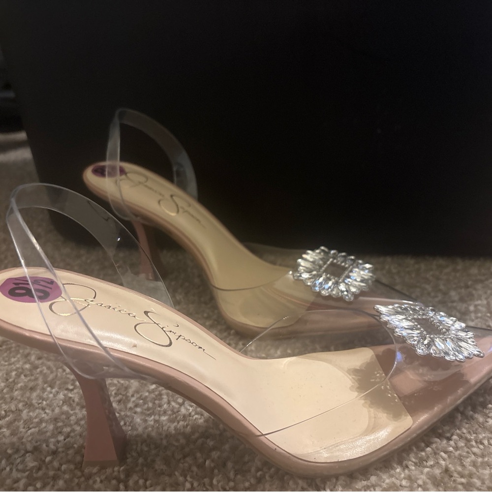Jessica Simpson Clear Slingback Heels Crystal Buckle Nude Pumps – Size 8.5